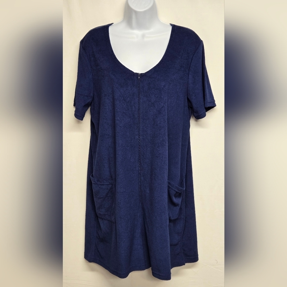 CW Classics L Terry Cloth Romper Shorts Blue Zip Up Short Sleeves